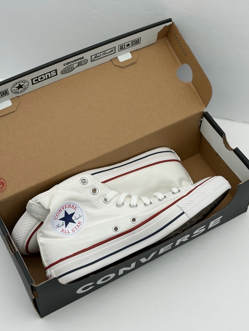 Converse Men’s Unisex White High Top Sneakers with Red & Navy Accents - Picture 9 of 13